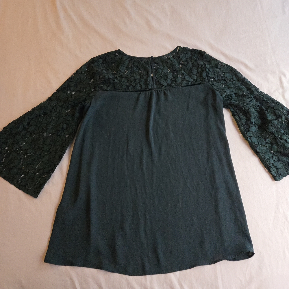 Halogen Dark Emerald Green Lace Bell Sleeve Long Blouse Evening Party Boho - Picture 8 of 10